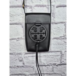 Tory Burch Miller Black Leather Crossbody Phone Bag Case Designer Small Purse.